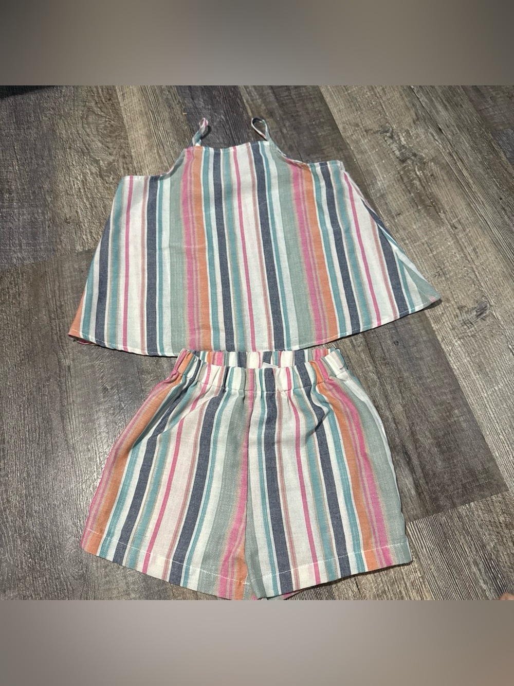 SHEIN Pastel Striped Tank & Shorts Set — Pink, Teal, Navy, Cream size 9y